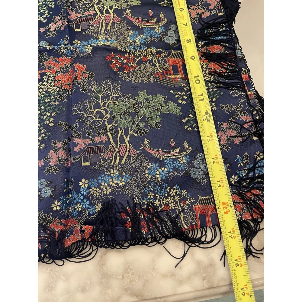 NOS Set of 2 Asian Blue Brocade Pillow Covers Fringe Trim 16.5x16.5 Pagoda